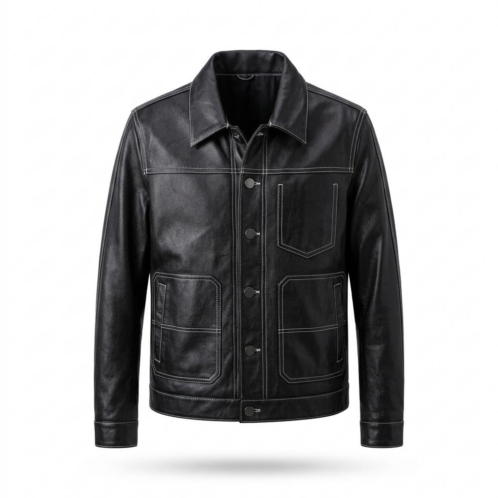 Allsaints Leather - Mihal | Contrast-Stitched Button-Front Leather Jacket Men