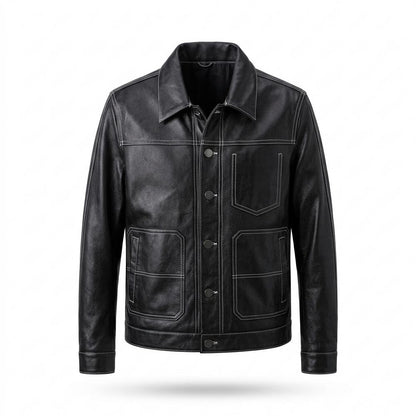 Allsaints Leather - Mihal | Contrast-Stitched Button-Front Leather Jacket Men