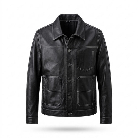 Allsaints Leather - Mihal | Contrast-Stitched Button-Front Leather Jacket Men
