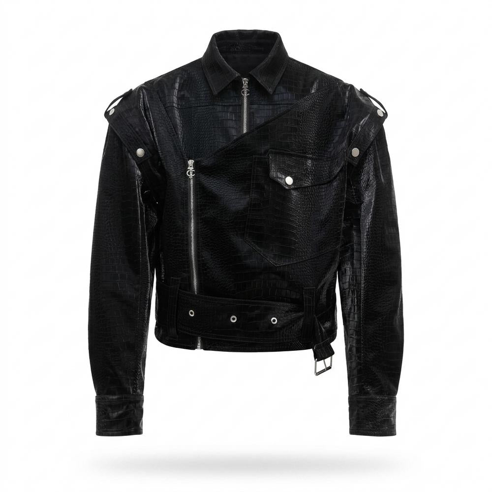 Allsaints Leather - Nufar | Croc-Embossed Asymmetrical Leather Jacket Unisex