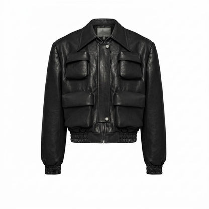 Allsaints Leather - Rilan | Pocketed Smocked Leather Jacket Unisex
