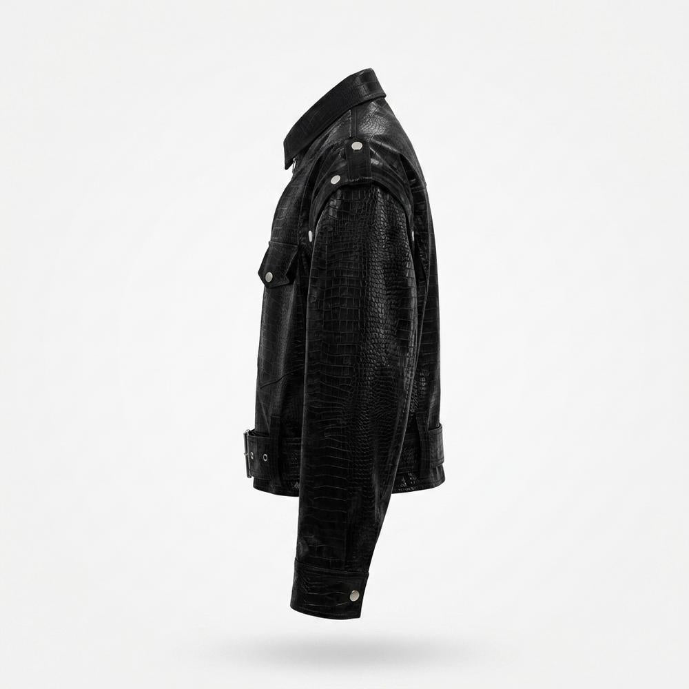 Allsaints Leather - Nufar | Croc-Embossed Asymmetrical Leather Jacket Unisex